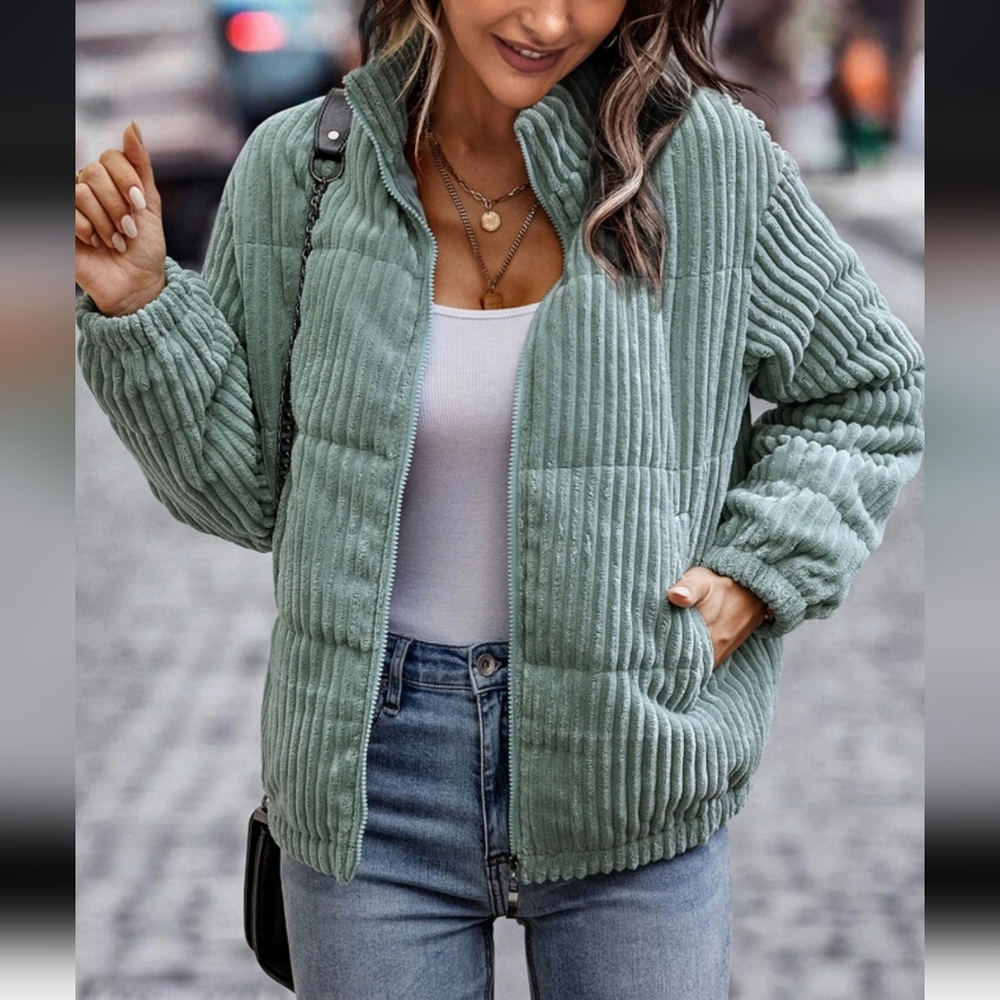 Shein Corduroy Puffer Coat | Blue/Green | Size L